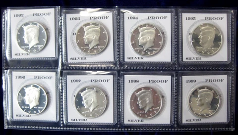 1992 - 1993 thru 1998 - 1999 Proof Silver Kennedy Half Dollar 8pc Set Cover