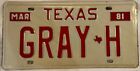 Vanity GRAY GREY GRAYSON H license plate Graye Greyson TX 1981