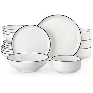 MALACASA 16-Piece Porcelain Dinnerware Set Black Rim Bowls and Plates Set for 4 - Picture 1 of 20