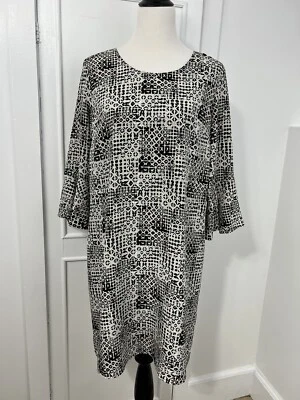 Garnet Hill женщин шелк Shift платье размер 10 черный желтовато-коричневый 3/4 Bell рукав с подкладкой - Изображение 1 из 4