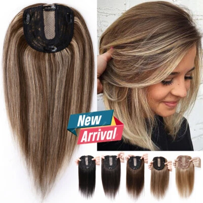 Women Topper Hairpiece Clip In Remy Human Hair Mono Silk Base Toupee Wiglet Weft - Image 1 of 4