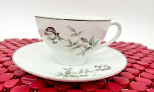 Noritake Janette Cup & Saucer Set 6604 Black Gray Pink Rose Buds Platinum MCM - Picture 1 of 13