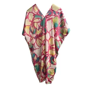 Natori Kaftan Womens XS Pink Vibrant Floral Satin Kimono Loungewear Vacation - Picture 1 of 8