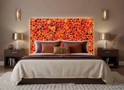 Cabecero de cama retroiluminado de ágata roja | Cabecero LED de piedras preciosas de lujo | Dormitorio moderno Foto 1 de 3