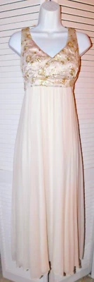 Vintage Original 1960s Ivory Metallic Gold Detail Chiffon Lined Womens Dress - Image 1 of 4