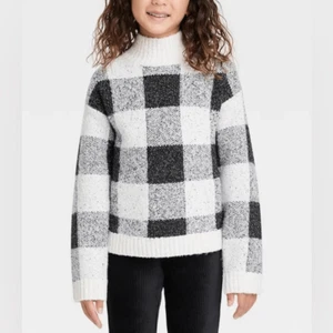 Cat & Jack chunky black white plaid mock neck stretch Christmas sweater 10/12 - Picture 1 of 9