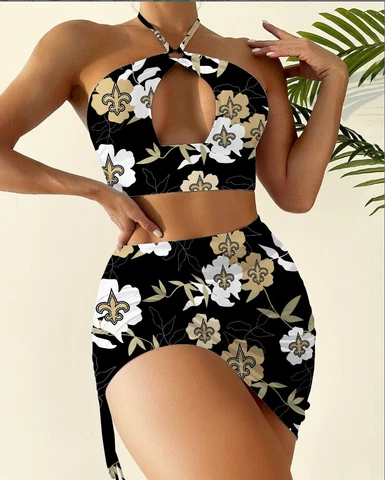 New Orleans Saints 2PCS Halter Cutout Bikini Set Bathing Suit Skirt Swimsuits Cover