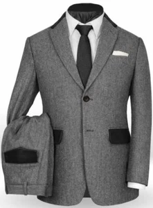 Men's Suit Gray Wool Herringbone Tweed Party Prom Groom Tuxedo Wedding 2 Piece - Picture 1 of 11