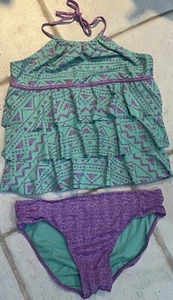 JUSTICE TANKINI SZ 18 1/2 PURPLE AZTEC TIERED HALTER TOP SUPER CUTE!! - Picture 1 of 4