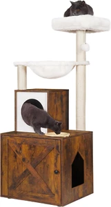 Cat Tree, Wood Litter Box Enclosure with Food Station, All-In-One Indoor Cat Fur - Picture 1 of 9