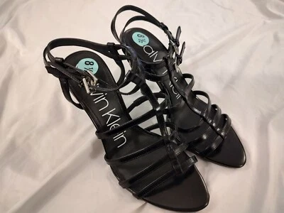 Sandalias de tacón para mujer Calvin Klein GILI BOX de cuero negro talla 8,5 NUEVAS Foto 1 de 4