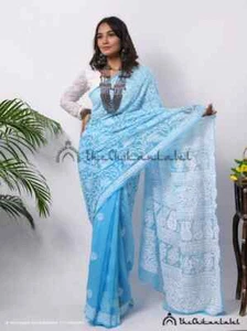 Blue Georgette Chikankari Full Jaal Saree Lucknowi Chikankari Handmade Saree - Picture 1 of 4