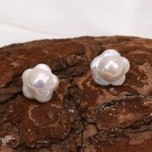 Natural White Keshi Flower Pearl Gold Plated Silver Ear stud Earrings For Lady - Picture 1 of 8