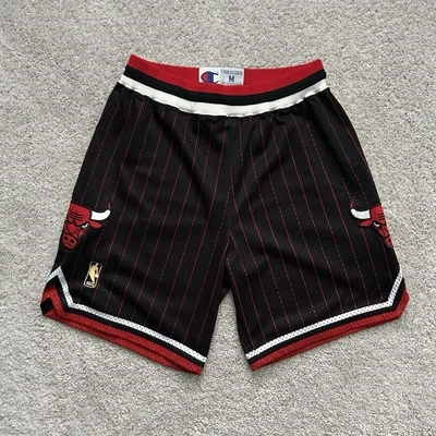 VTG Chicago Bulls Authentic Champion Black Red Shorts NBA 50 Gold Logo 96-97 Med - Image 1 of 4