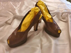 Vintage Crocodile Skin 'Martinique' Peep Toe Platform Sling Back Shoes, Size 8a - Picture 1 of 23