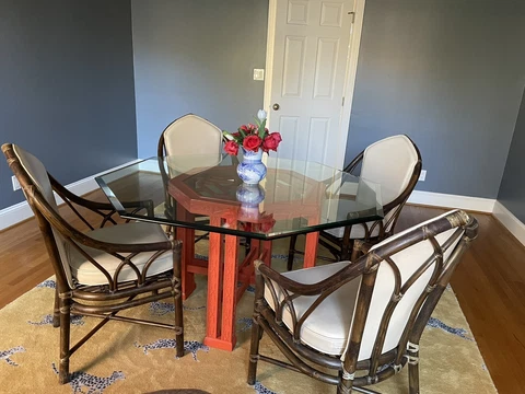 Four Vintage McGuire San Francisco Cathedral Back Rattan Dining Chairs Cover