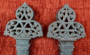 Antique Russell & Erwin Cast Iron Gothic Andirons Fire Dogs Fronts PAIR - RARE! - Picture 1 of 10