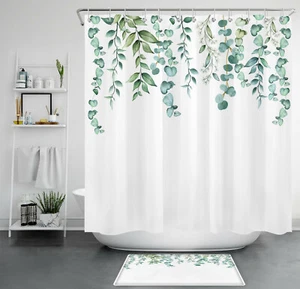 Spring Green Leaves White Minimalist Shower Curtain Bathroom Accessories Set - Picture 1 of 18