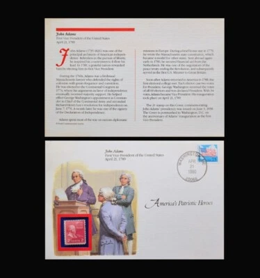 1990 AMERICAS PATRIOTIC HEROES JOHN ADAMS 2c STAMP FDC  - Image 1 of 4