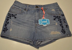 Women's L'amour Light Denim Floral Stitch Rugged Shorties Juniors Shorts 3, 11 - Picture 1 of 1