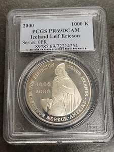 2000 Iceland Leif Ericson Silver Dollar PCGS PR69DCAM PROOF 1000 K - Picture 1 of 5
