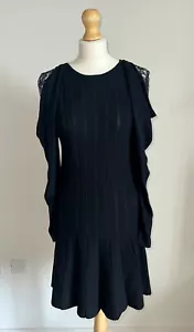ALBERTA FERRETTI 100% WOOL BLACK KNIT DRESS W LACE SHOULDER DETAIL SZ IT 46 / 14 - Picture 1 of 13