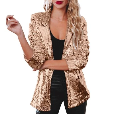 Abrigo Chaqueta Blazer Para Mujer Brillante Lentejuelas Manga Larga Abierto Fiesta Solapa Top Foto 1 de 4