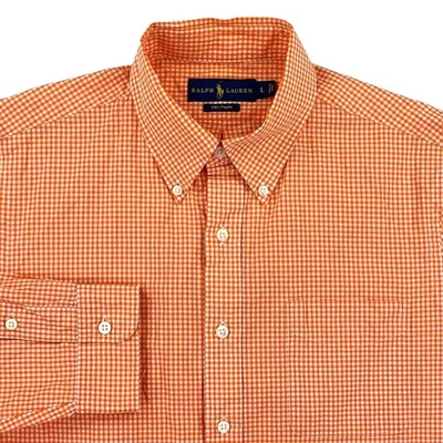 Camisa Ralph Lauren 120s Popelina Para Hombre GRANDE Naranja Blanco Guinga Manga Larga Foto 1 de 4