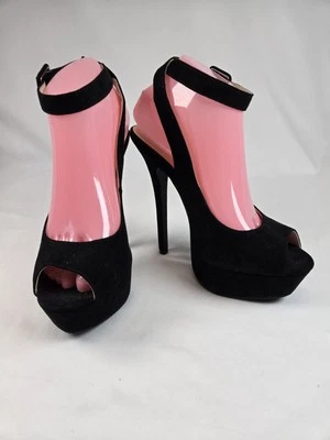 Sheikh Negro Terciopelo Plataforma Tacones de aguja Punta abierta Correa de tobillo con hebilla 8,5 Foto 1 de 4