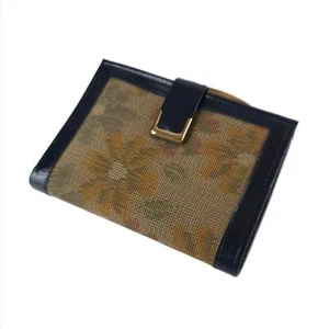 Japanese Silk Fabric Wallet Vtg Gamaguchi Clasp Pleather Floral Blue Brown KB86 - Picture 1 of 13