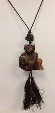 Antique Chinese Carved Wood Pendant Boy Holding "Lunch box" Silk Cord Necklace
