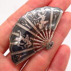925 Sterling Silver Vintage Siam Niello Hindu Goddess Fan Design Pin Brooch