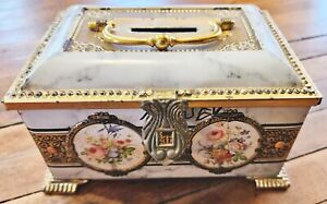 Blue Bird Confectioners Tin Box Bank Floral 4x4.75x6.75 Inch England FLAW
