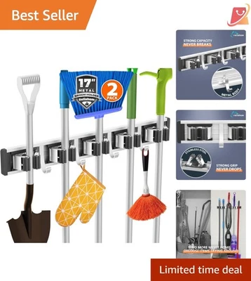 Paquete de 2 ganchos ajustables organizadores con soporte para escoba de almacenamiento de garaje negros Foto 1 de 4