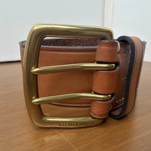 Ralph Lauren Herren Doppelzacken Leder Kontrastnähte Braun Garnison Gürtel Gr. 34 - Bild 1 von 24