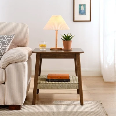 Mid-Century Modern End Table Small Sofa Bed Side Table With Woven Storage Shelf - Image 1 of 4