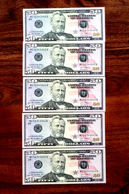 NEW Uncirculated FIFTY Dollar Bills SERIES 2013  $50 Sequential Notes Lot of 5 - Image 1 of 4