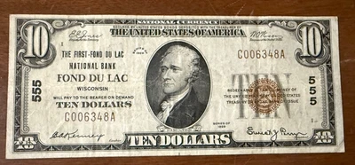 1929 10$ National Bank Note From The First Fon Du Lac National Bank Wisconsin - Image 1 of 2