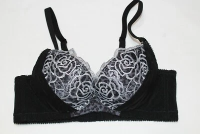 Black with silver floral embroidered underwire push-up Bra- Size 30B - Image 1 of 4