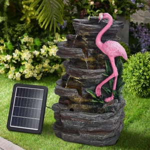 Solar Power Outdoor Resin Cascade Water Fountain Feature Flamingo Statue Garde - Picture 1 of 44