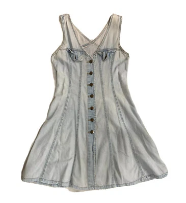 Mini vestido vintage de mezclilla con botones de los años 90 con bolsillos sin mangas patinador XS S Foto 1 de 4