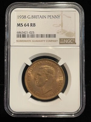 GREAT BRITAIN Penny 1938, NGC MS 64 RB, Choice UNC / BU, Lustrous,  KGVI. C9 - Image 1 of 2