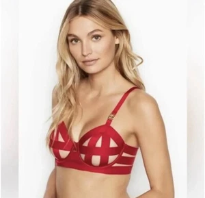 Victorias Secret Luxe Lingerie Unlined Balconet Strappy Banded Caged Bra Red 32D - Picture 1 of 5
