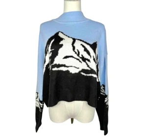 Divided Blue Graphic Crew Neck Long Sleeve Pullover Sweater Women Large Mountain - Picture 1 of 13