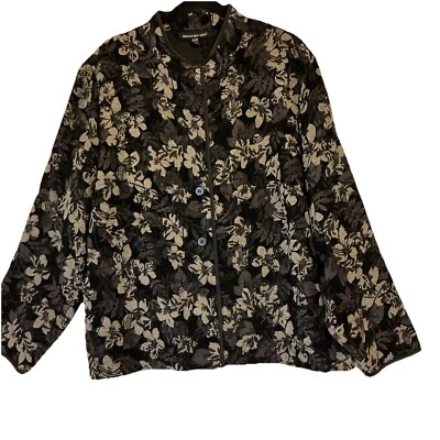 Chaqueta Blazer Briggs NY Para Mujer Negro y Gris Floral Tapiz Cuello Alto Talla 20W  Foto 1 de 4