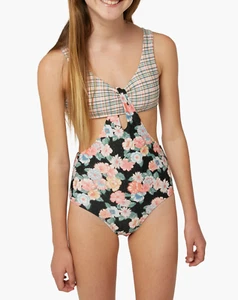 O'Neill L97709 Girls' Black Floral Emilie Tie-Accent Monokini Swimsuit Size 12 - Picture 1 of 4