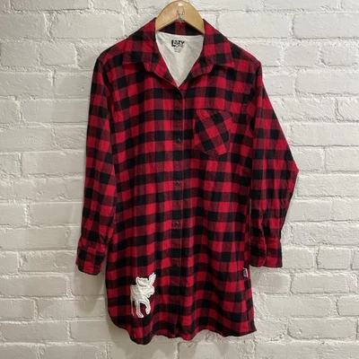 Lazy One Size S/M Red & Black Plaid Moose Appliqué Button Down Nightshirt Cabin - Image 1 of 4