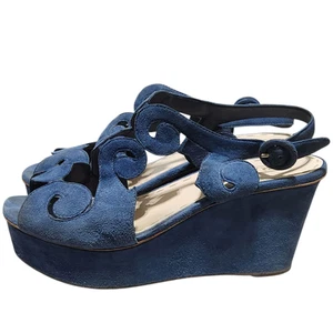 Prada Suede Slingback Sandals 9.5 Blue Women Platform Wedge Designer Retro - Picture 1 of 24