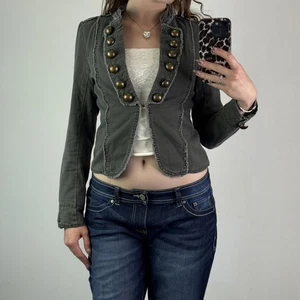 Y2K vintage Evie military denim jacket khaki buttons fraying hem v neck hook eye - Picture 1 of 10
