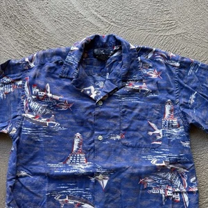 Polo Ralph Lauren Shirt Kid Medium Blue Button Up Hawaiian Loop Collar Rayon Boy - Picture 1 of 9